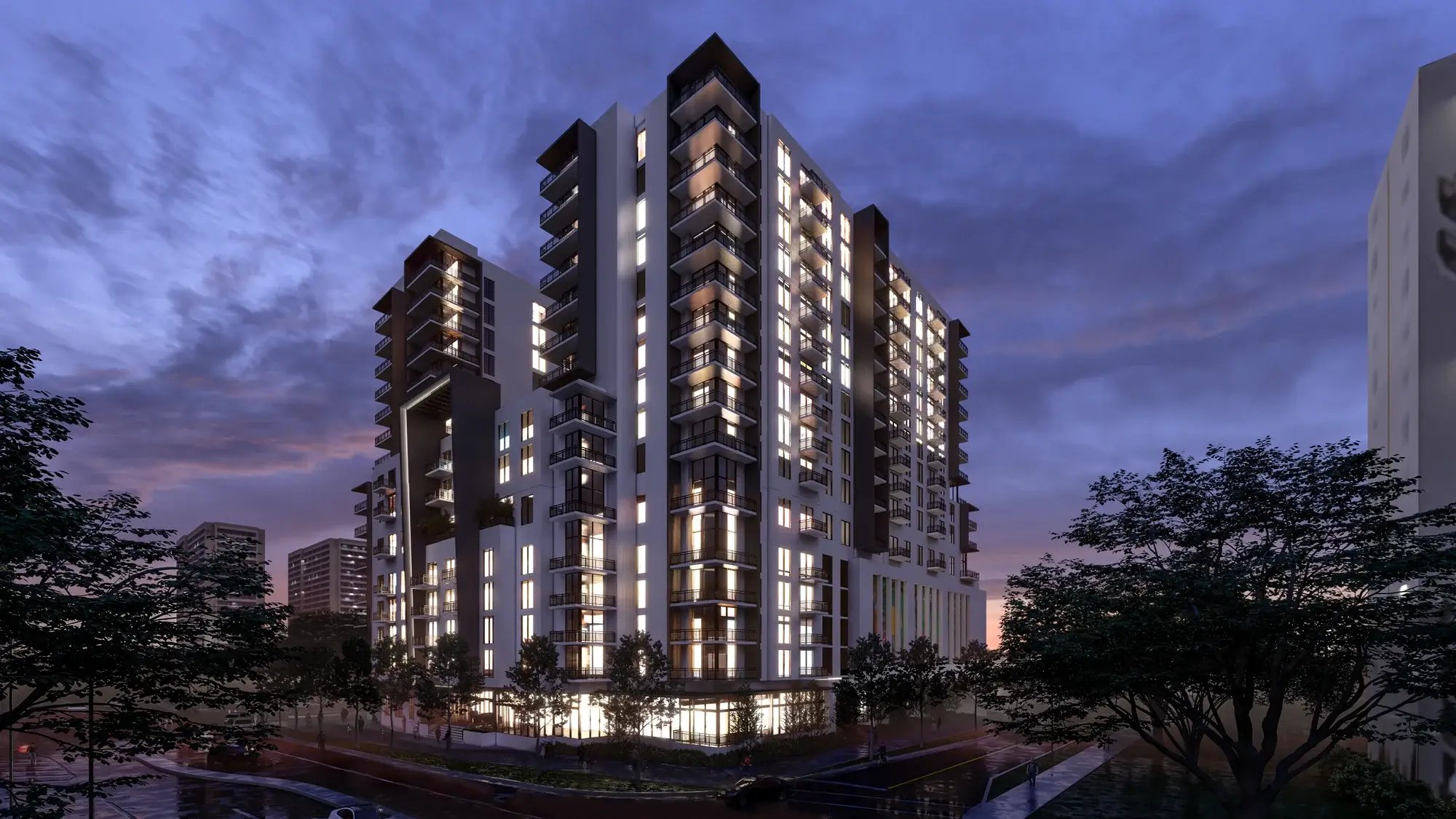 Rendering 3 – Building Exterior (Night Time) NE Corner